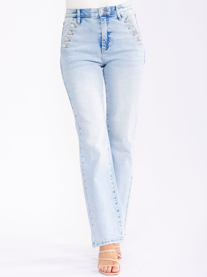 WOMEN'S BUTTON CLOSURE ELASTIC WAIST POCKETS STRAIGHT LEG STRETCH DENIM PANTS