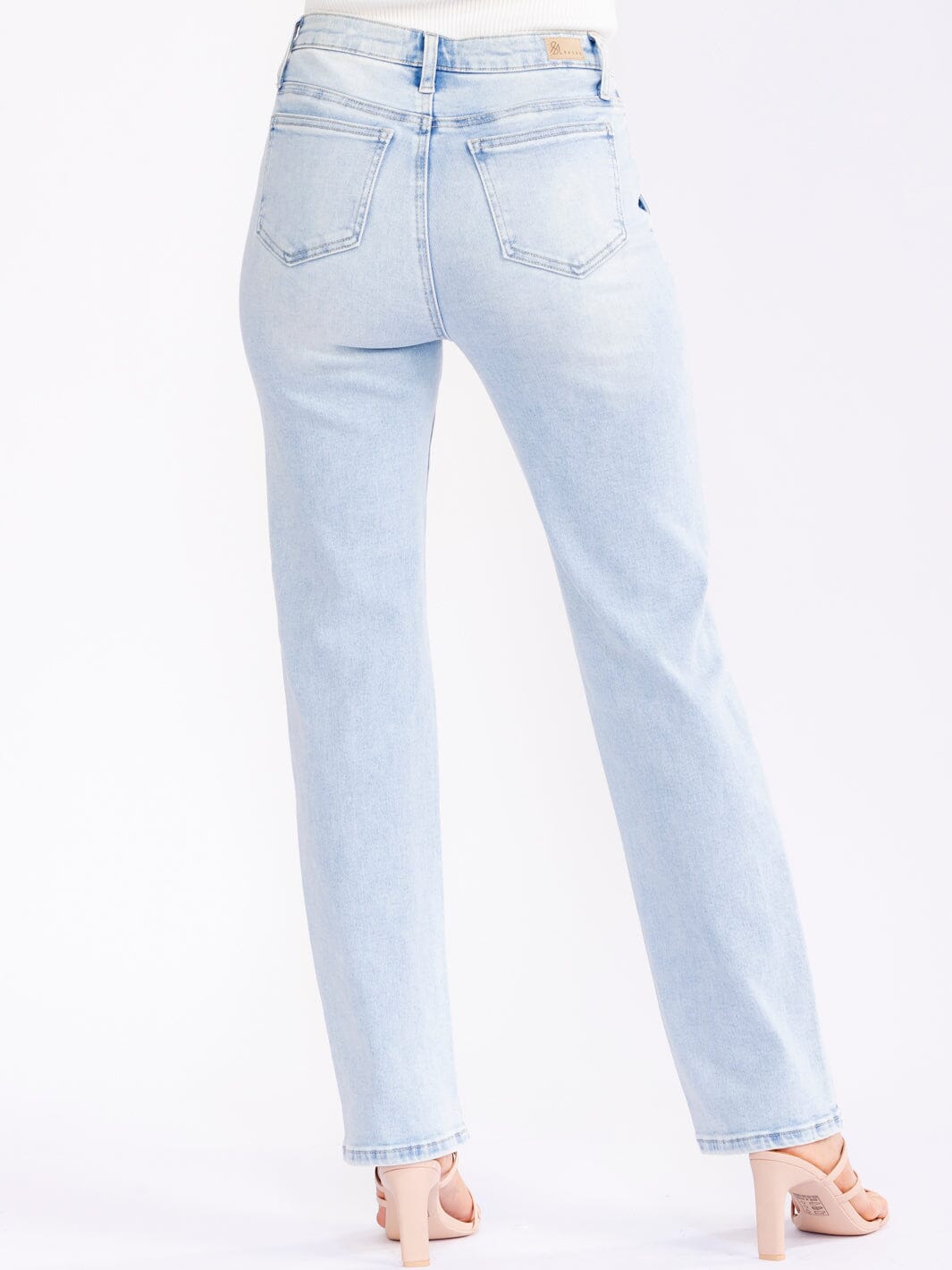 WOMEN'S BUTTON CLOSURE ELASTIC WAIST POCKETS STRAIGHT LEG STRETCH DENIM PANTS
