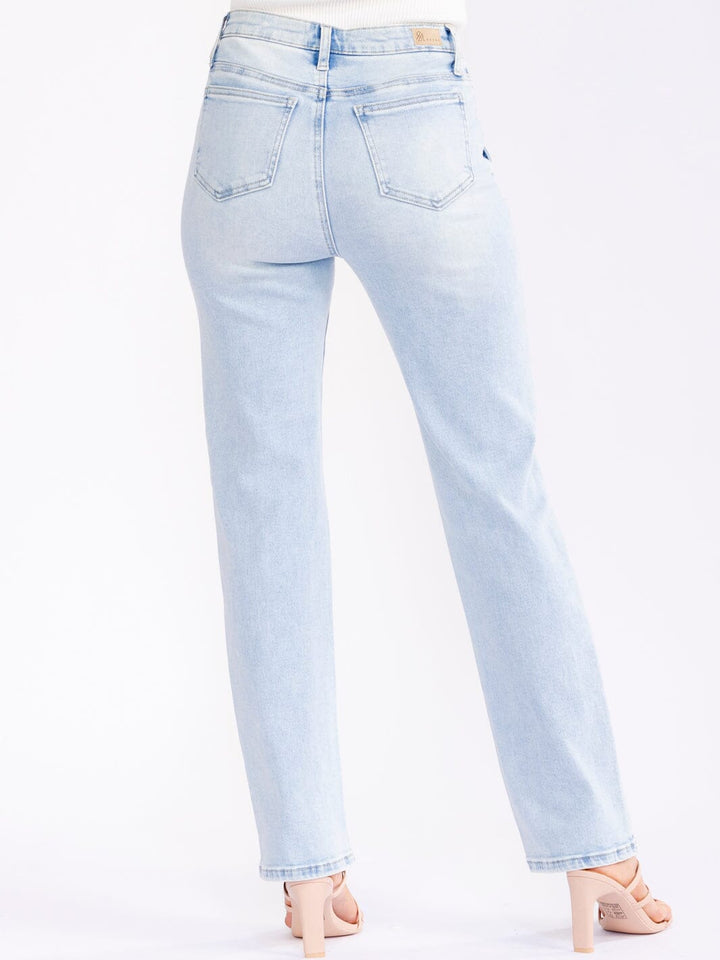 WOMEN'S BUTTON CLOSURE ELASTIC WAIST POCKETS STRAIGHT LEG STRETCH DENIM PANTS