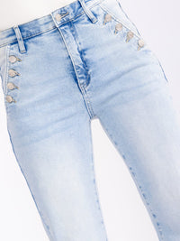 WOMEN'S BUTTON CLOSURE ELASTIC WAIST POCKETS STRAIGHT LEG STRETCH DENIM PANTS