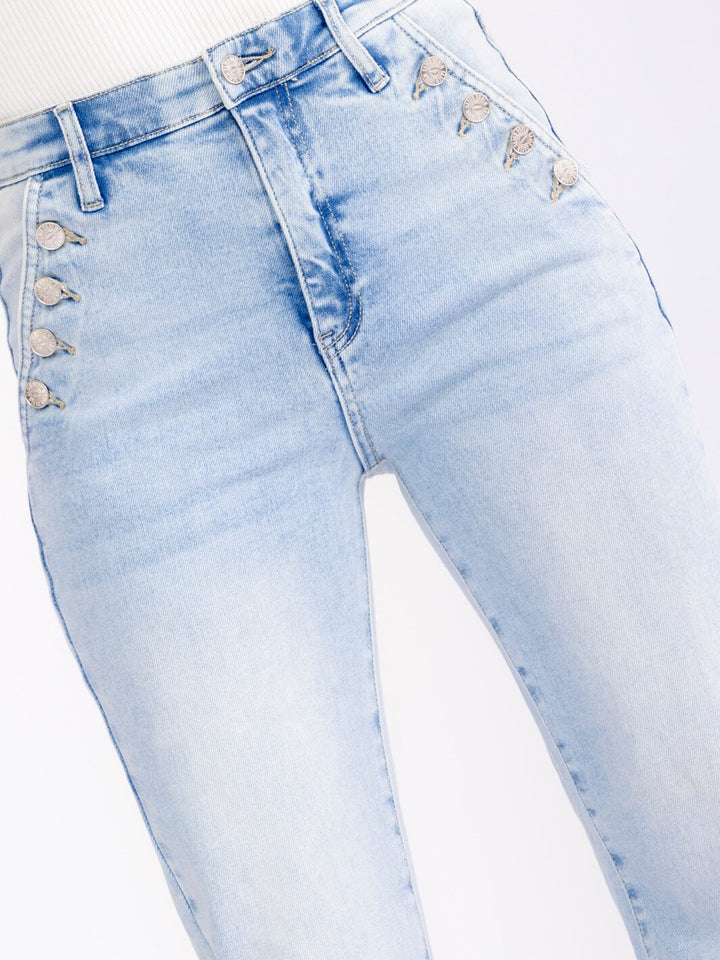 WOMEN'S BUTTON CLOSURE ELASTIC WAIST POCKETS STRAIGHT LEG STRETCH DENIM PANTS