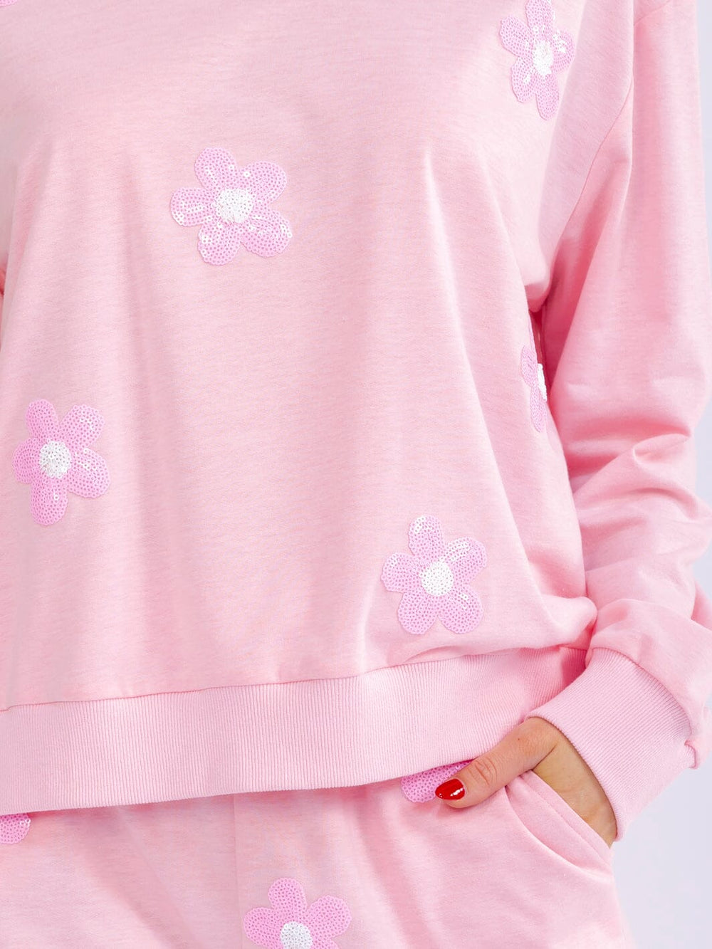 WOMEN'S LONG SLEEVE SWEATER & ELASTIC WAIST MINI SHORTS SEQUINS FLORAL 2PC. SET