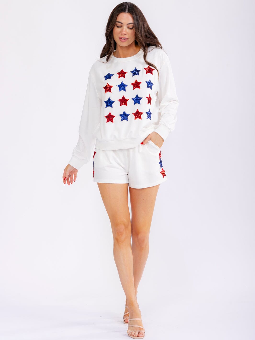 WOMEN'S ELASTIC WAIST FRONT POCKETS STARS SEQUINS MINI SHORTS