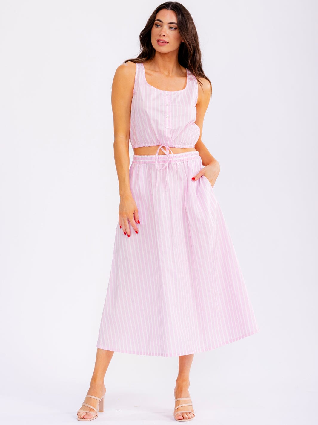 WOMEN'S SLEEVELESS CROP TOP & ELASTIC WAIST MAXI SKIRT STRIPES 2PC. SET