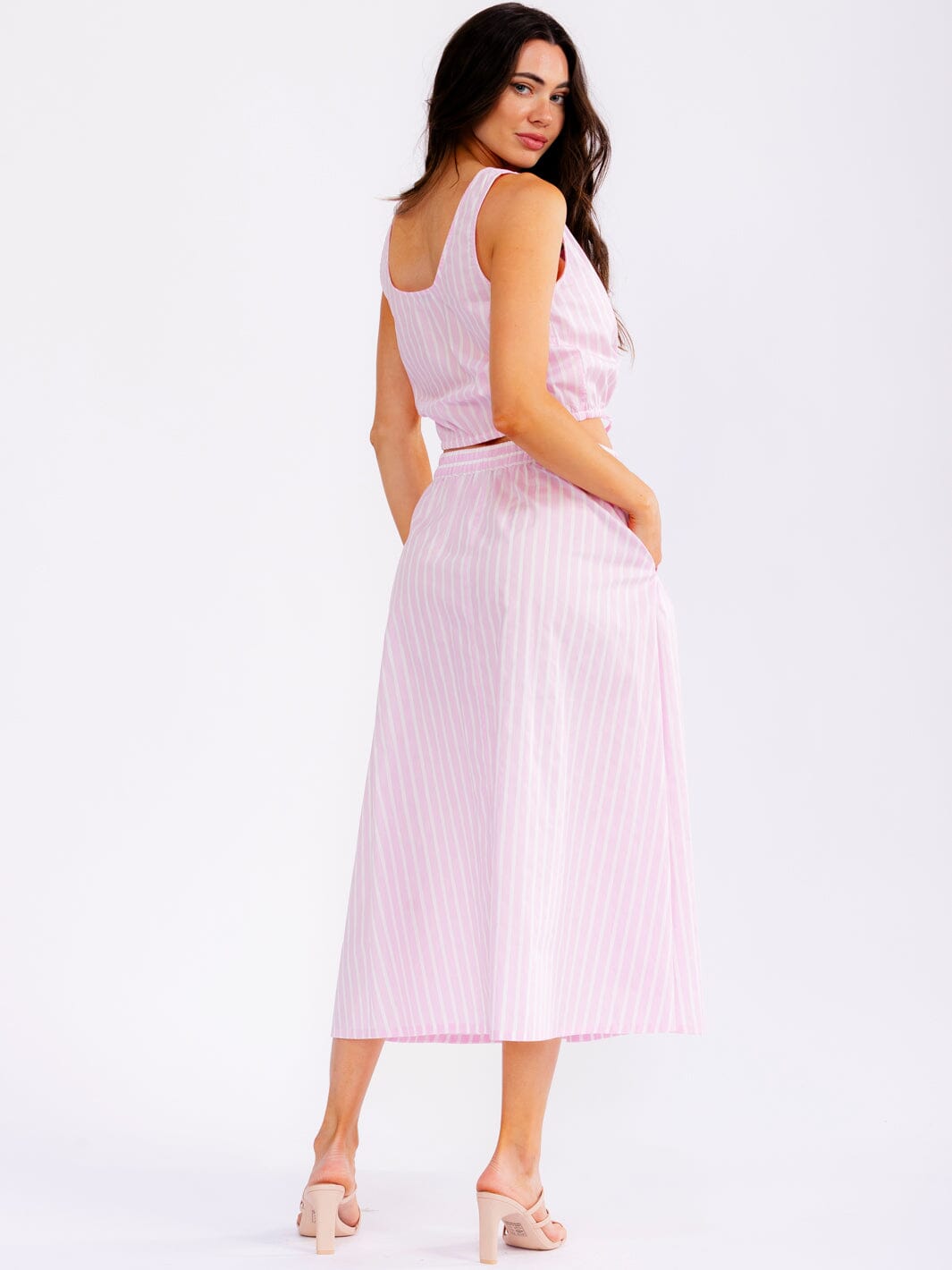 WOMEN'S SLEEVELESS CROP TOP & ELASTIC WAIST MAXI SKIRT STRIPES 2PC. SET