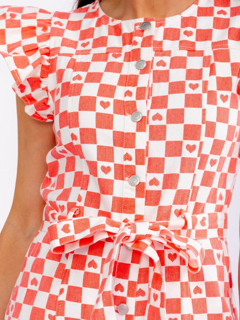 WOMEN'S RUFFLE SLEEVES BUTTON UP POCKETS SELF TIE HEARTS COLORBLOCK DENIM ROMPER