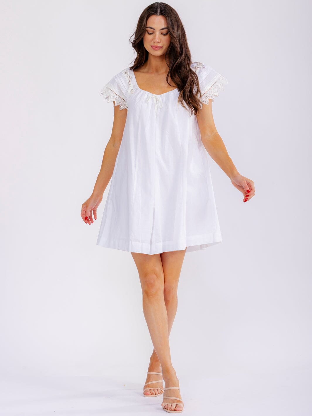 WOMEN'S SHORT SLEEVE FRONT POCKETS CROCHET TUNIC MINI DRESS