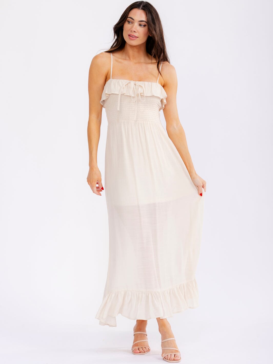 WOMEN'S SLEEVELESS RUFFLE SMOCK MAXI DRESS