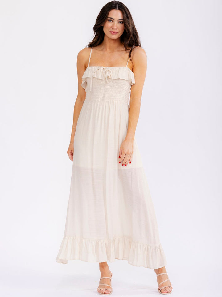 WOMEN'S SLEEVELESS RUFFLE SMOCK MAXI DRESS