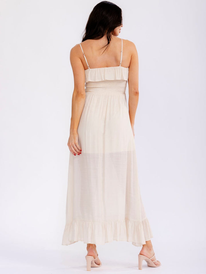 WOMEN'S SLEEVELESS RUFFLE SMOCK MAXI DRESS