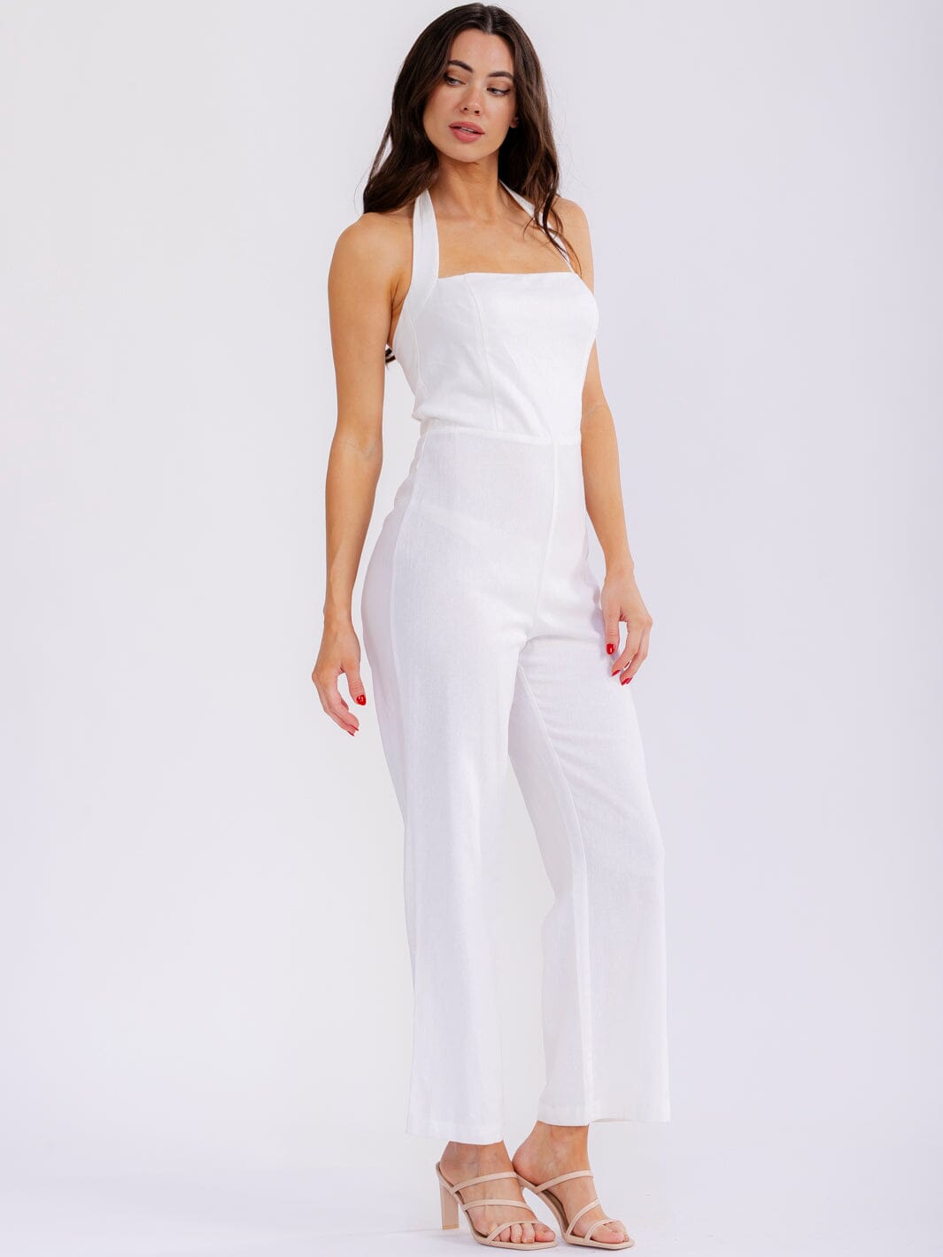 WOMEN'S SLEEVELESS SMOCK BACK HALTER SQUARE NECK STRAIGHT LEG JUMPSUIT