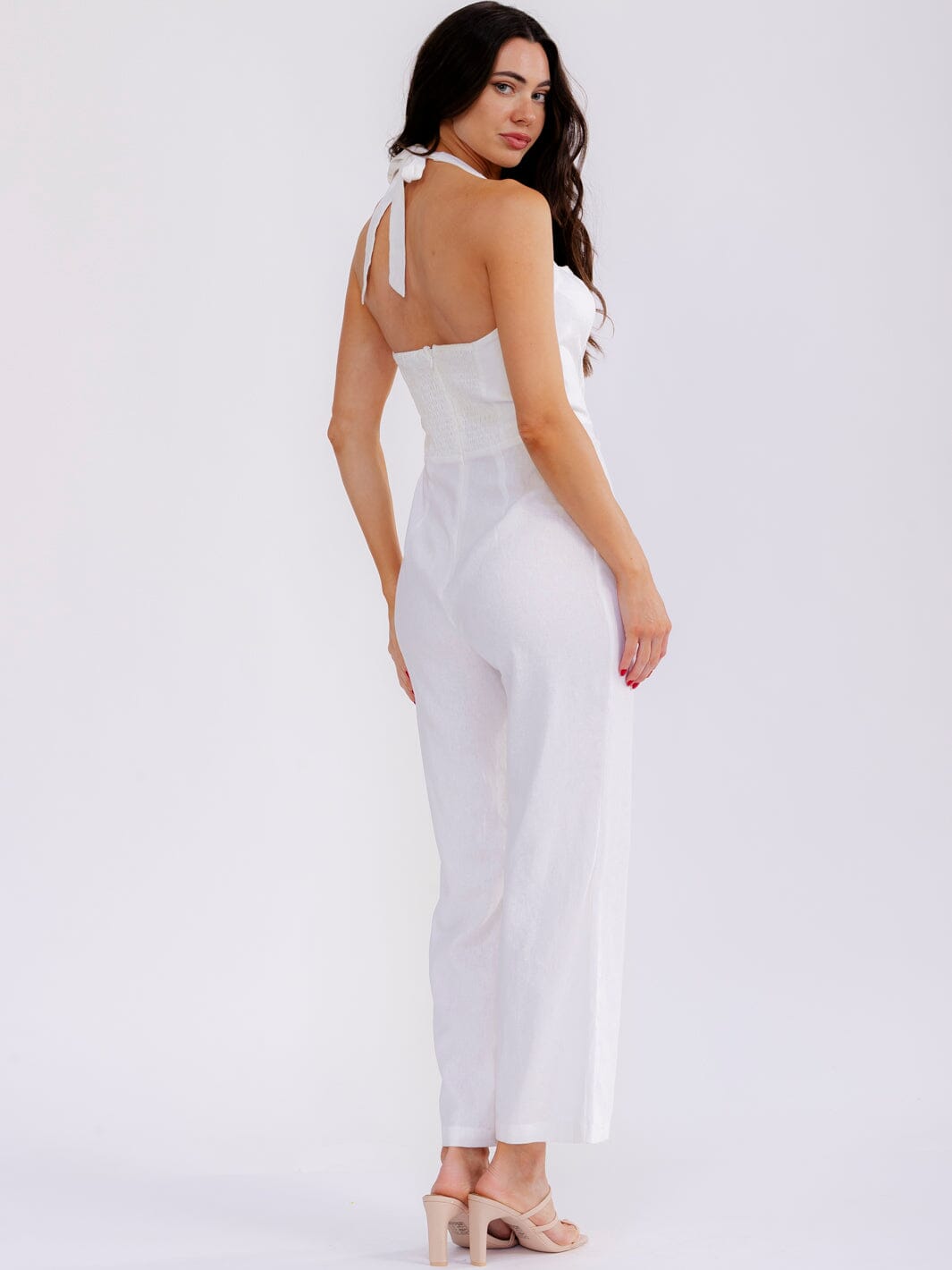 WOMEN'S SLEEVELESS SMOCK BACK HALTER SQUARE NECK STRAIGHT LEG JUMPSUIT