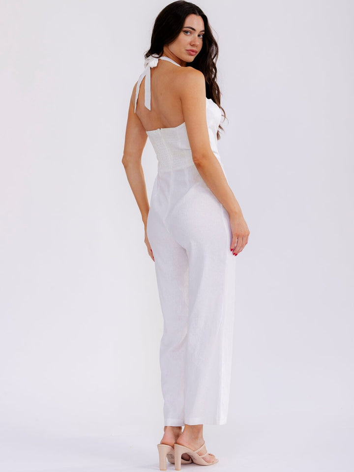 WOMEN'S SLEEVELESS SMOCK BACK HALTER SQUARE NECK STRAIGHT LEG JUMPSUIT