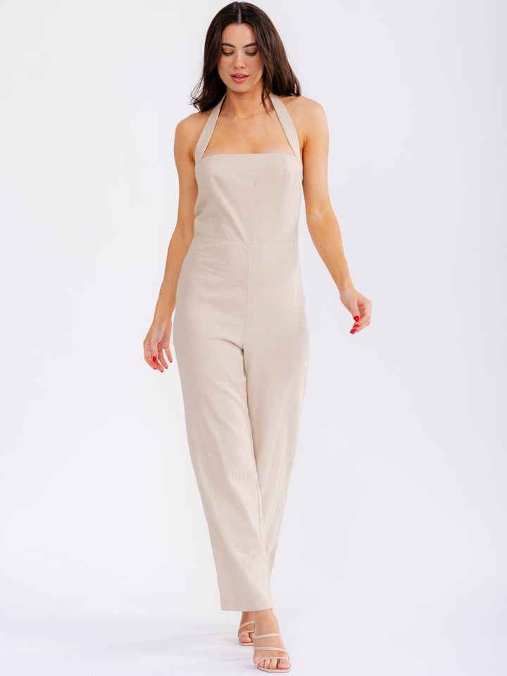 WOMEN'S SLEEVELESS SMOCK BACK HALTER SQUARE NECK STRAIGHT LEG JUMPSUIT