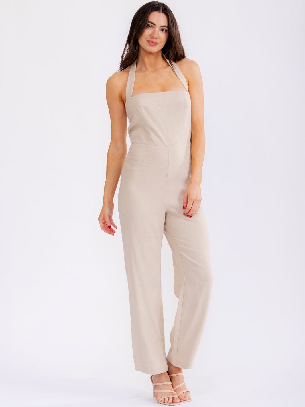 WOMEN'S SLEEVELESS SMOCK BACK HALTER SQUARE NECK STRAIGHT LEG JUMPSUIT