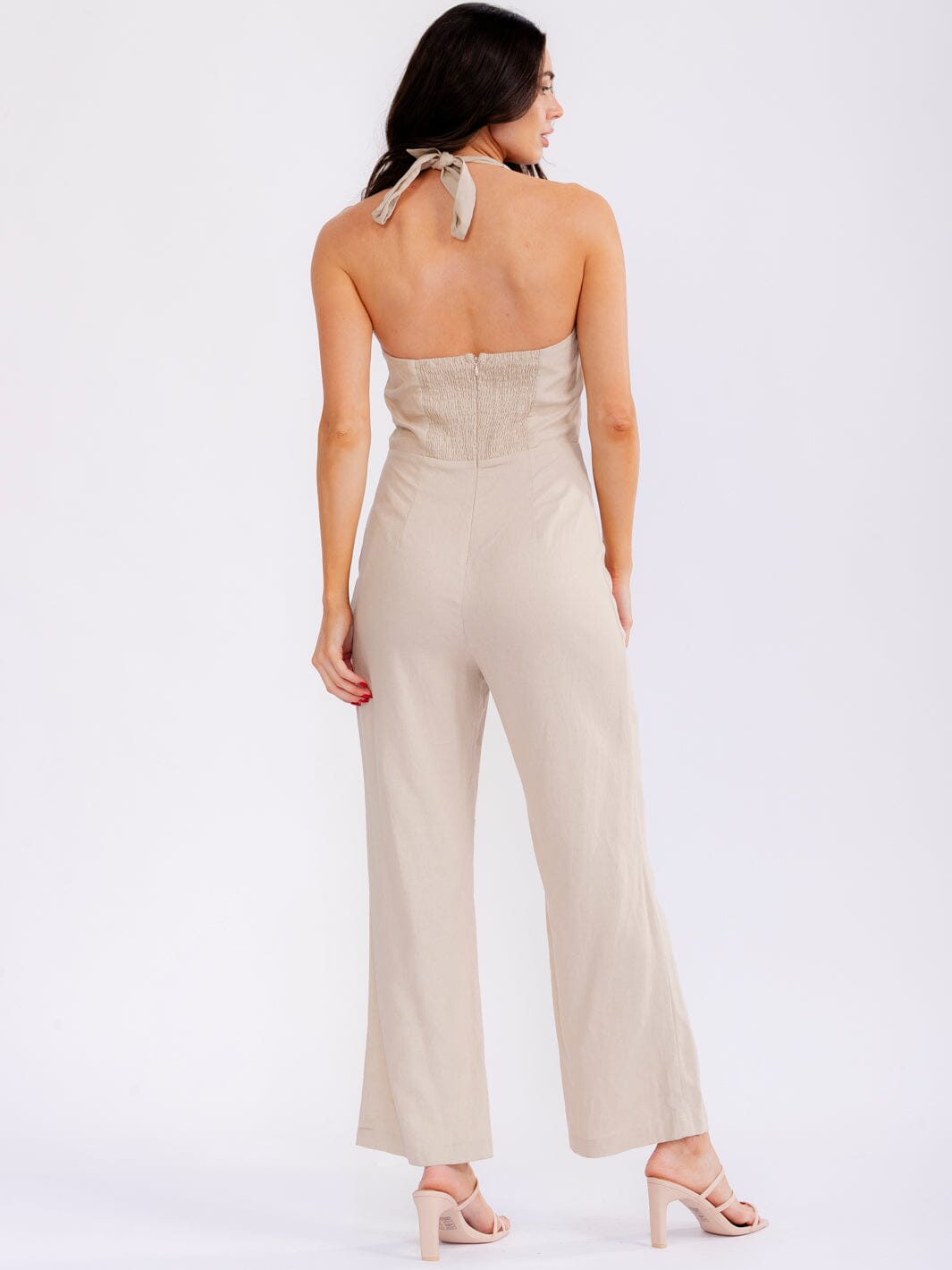 WOMEN'S SLEEVELESS SMOCK BACK HALTER SQUARE NECK STRAIGHT LEG JUMPSUIT