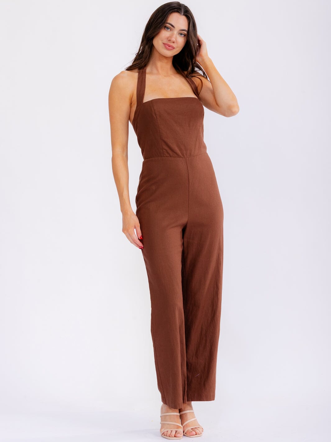 WOMEN'S SLEEVELESS SMOCK BACK HALTER SQUARE NECK STRAIGHT LEG JUMPSUIT