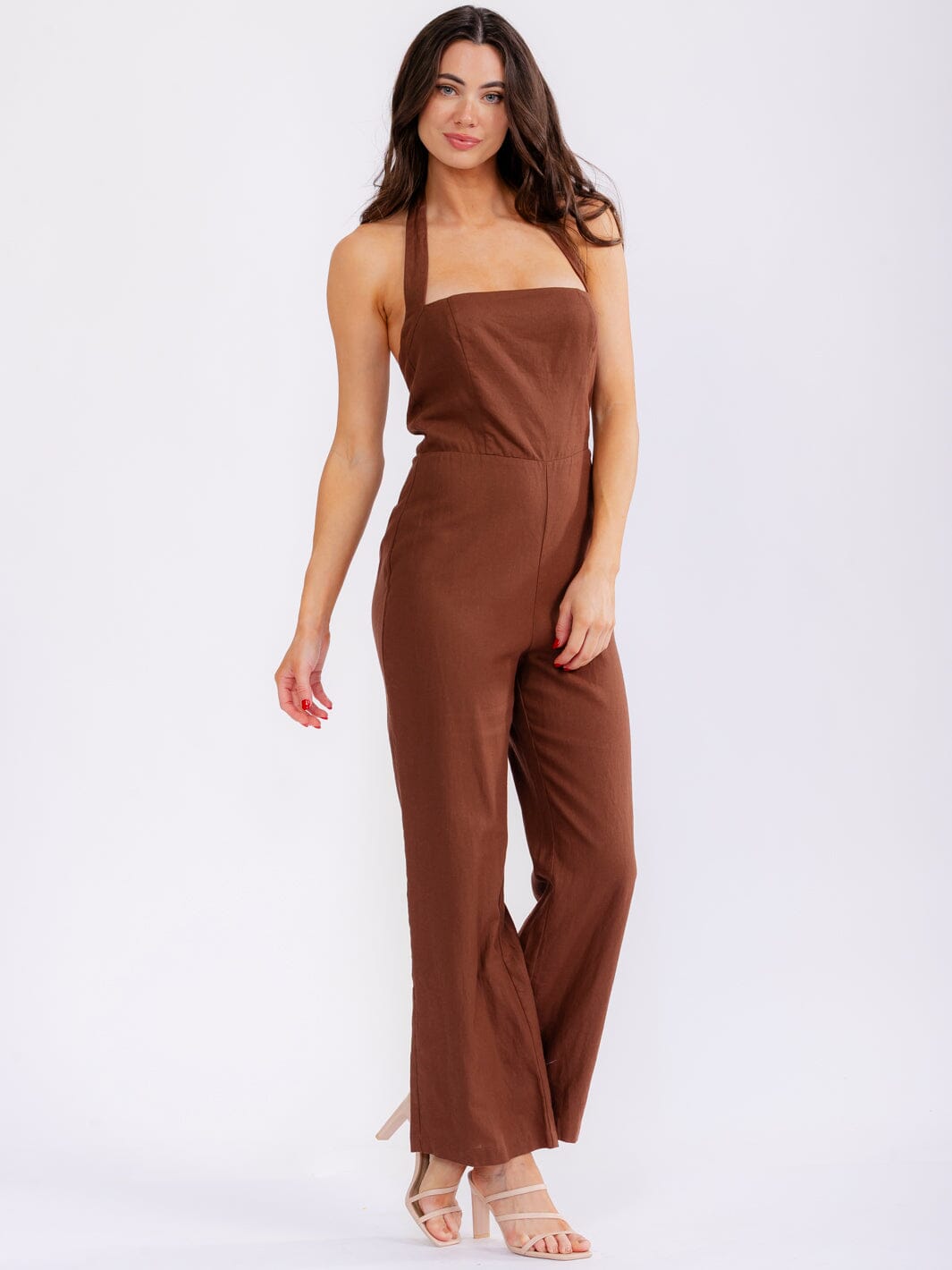 WOMEN'S SLEEVELESS SMOCK BACK HALTER SQUARE NECK STRAIGHT LEG JUMPSUIT