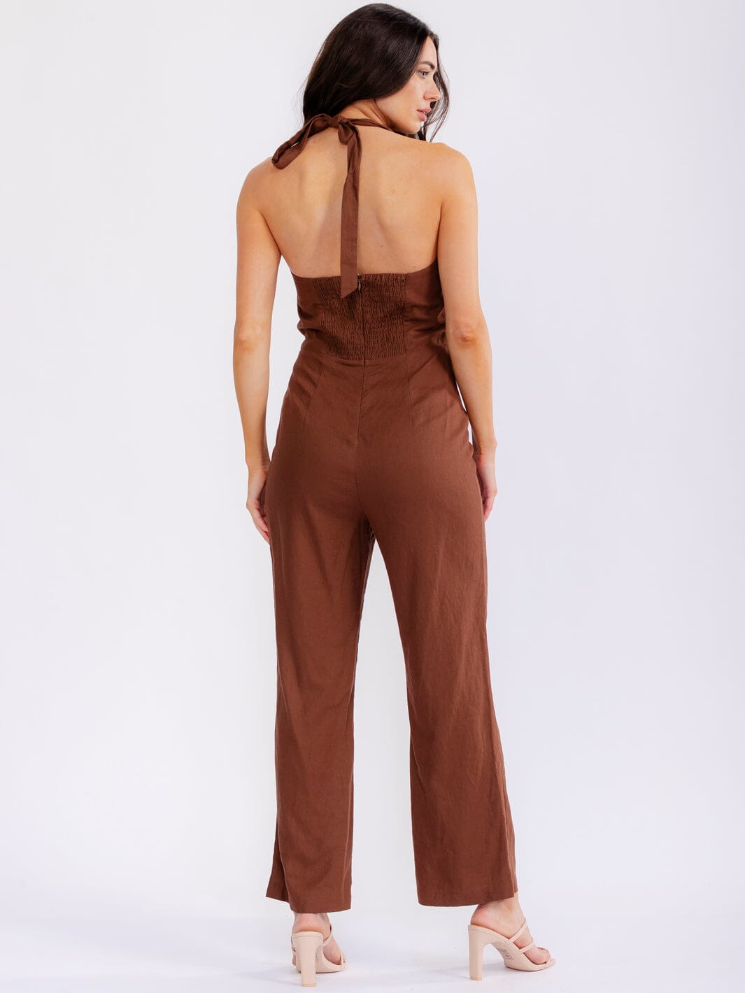 WOMEN'S SLEEVELESS SMOCK BACK HALTER SQUARE NECK STRAIGHT LEG JUMPSUIT