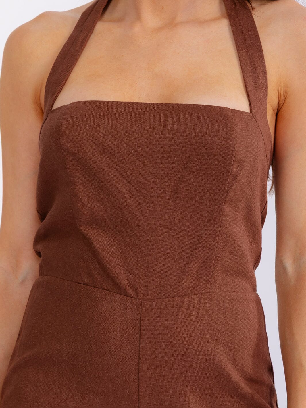 WOMEN'S SLEEVELESS SMOCK BACK HALTER SQUARE NECK STRAIGHT LEG JUMPSUIT
