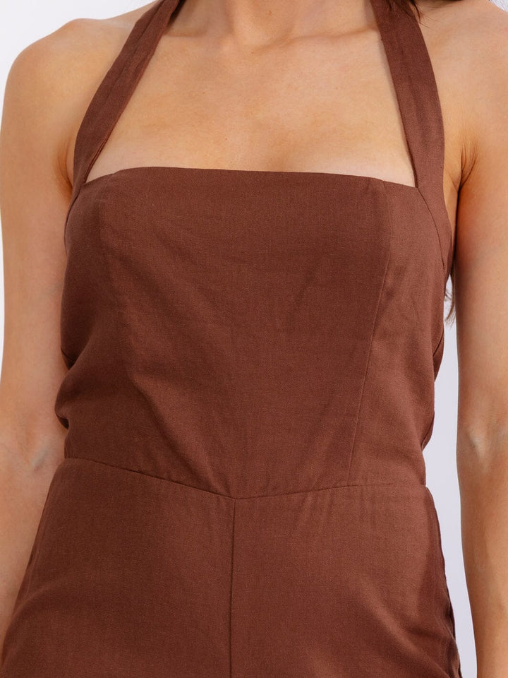 WOMEN'S SLEEVELESS SMOCK BACK HALTER SQUARE NECK STRAIGHT LEG JUMPSUIT