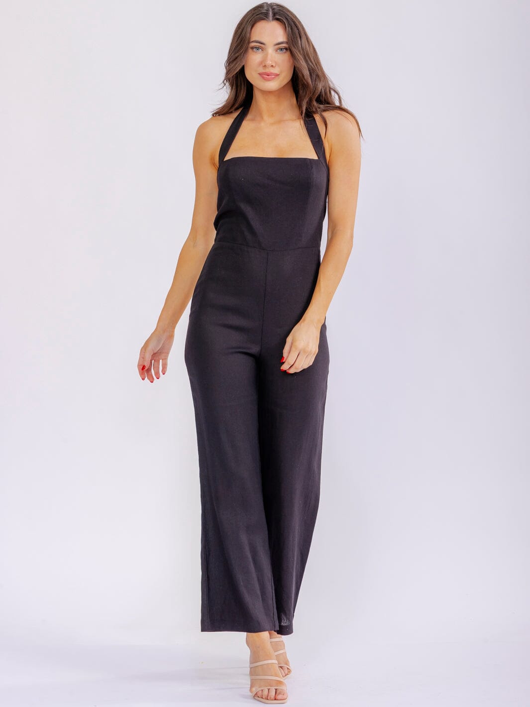 WOMEN'S SLEEVELESS SMOCK BACK HALTER SQUARE NECK STRAIGHT LEG JUMPSUIT