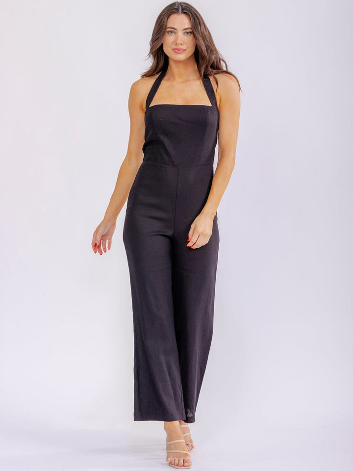 WOMEN'S SLEEVELESS SMOCK BACK HALTER SQUARE NECK STRAIGHT LEG JUMPSUIT