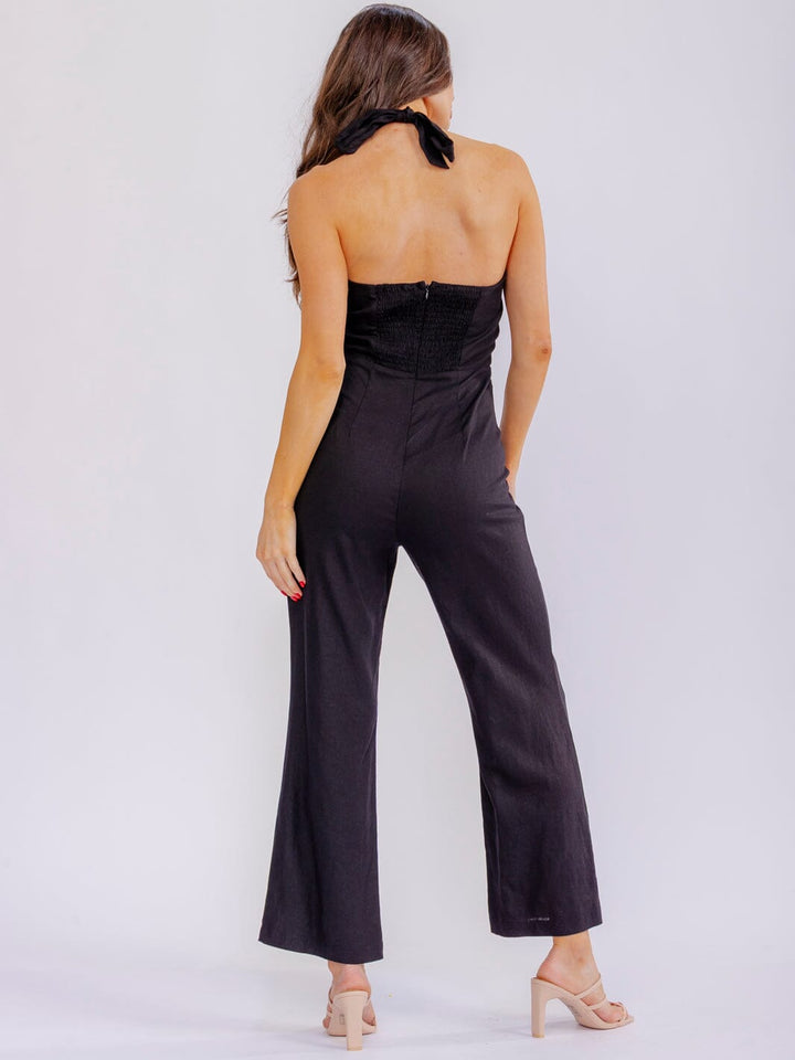 WOMEN'S SLEEVELESS SMOCK BACK HALTER SQUARE NECK STRAIGHT LEG JUMPSUIT