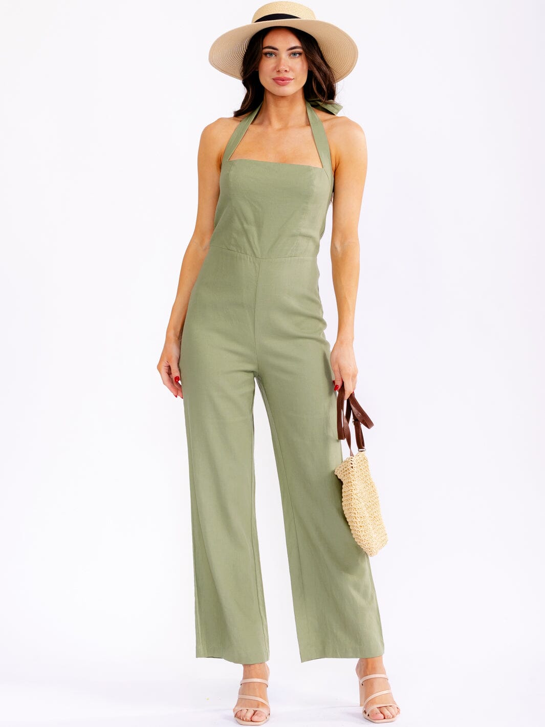 WOMEN'S SLEEVELESS SMOCK BACK HALTER SQUARE NECK STRAIGHT LEG JUMPSUIT