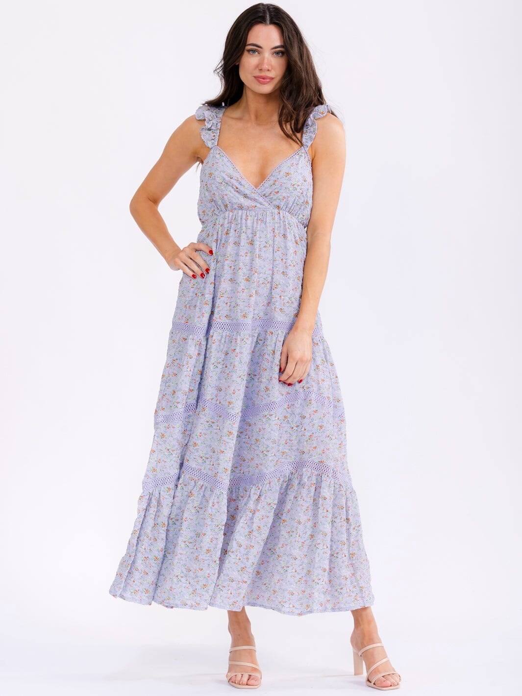 WOMEN'S SLEEVELESS V-NECK OPEN BACK TIERED FLORAL MAXI DRESS