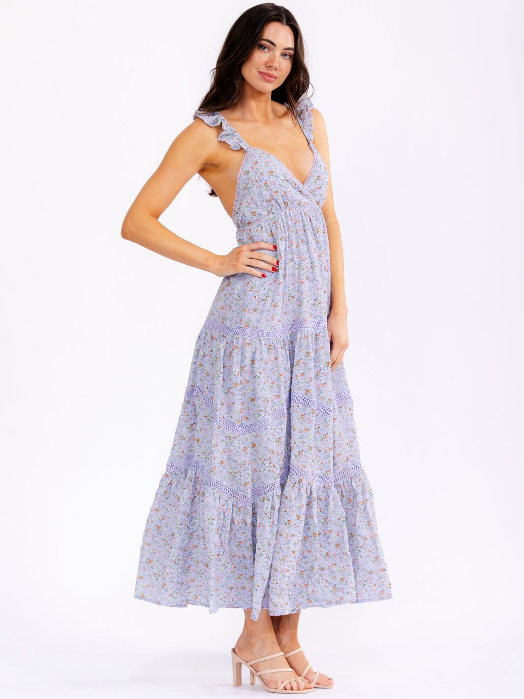 WOMEN'S SLEEVELESS V-NECK OPEN BACK TIERED FLORAL MAXI DRESS