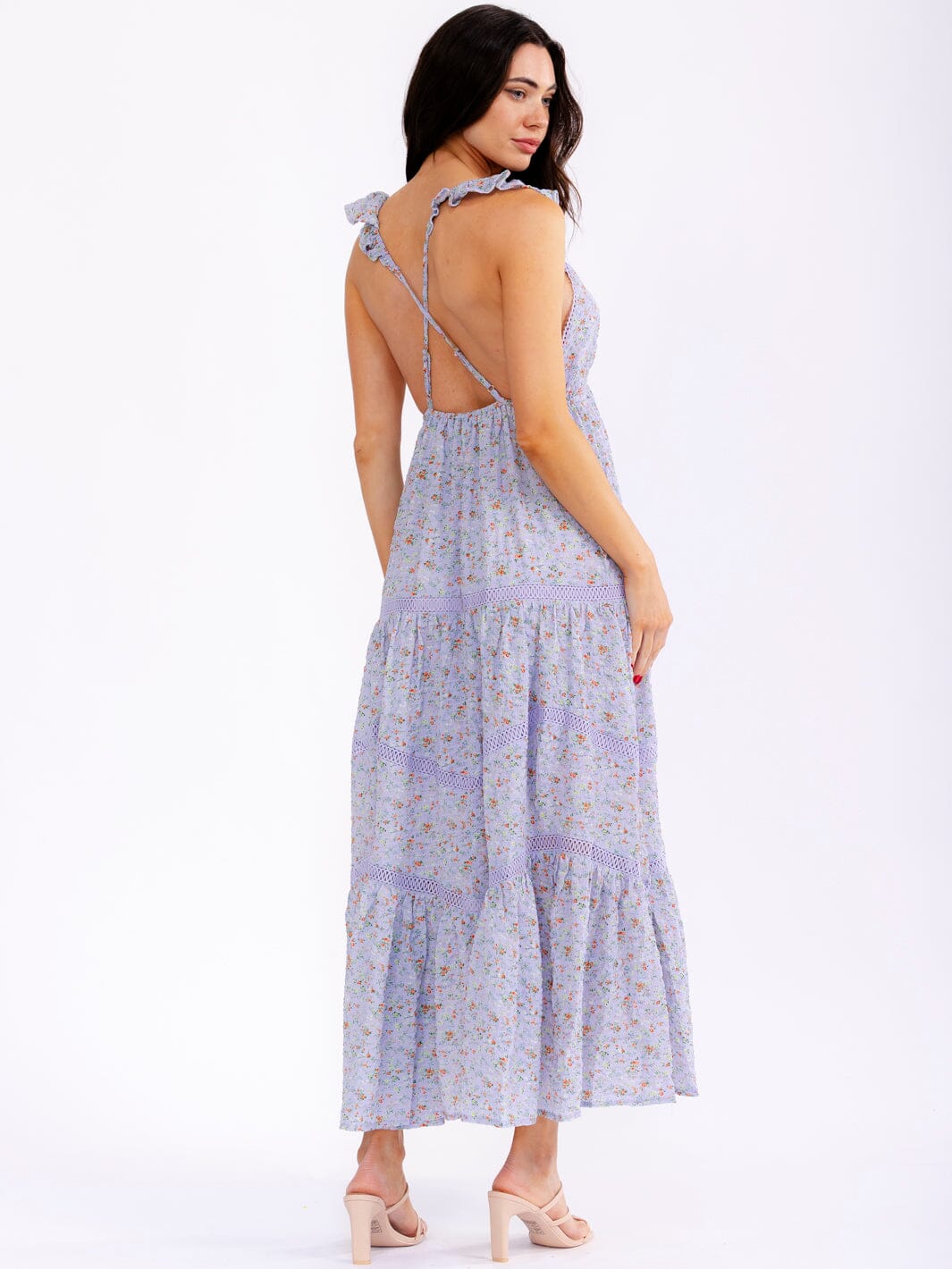 WOMEN'S SLEEVELESS V-NECK OPEN BACK TIERED FLORAL MAXI DRESS