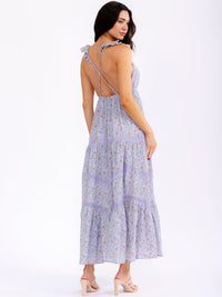 WOMEN'S SLEEVELESS V-NECK OPEN BACK TIERED FLORAL MAXI DRESS