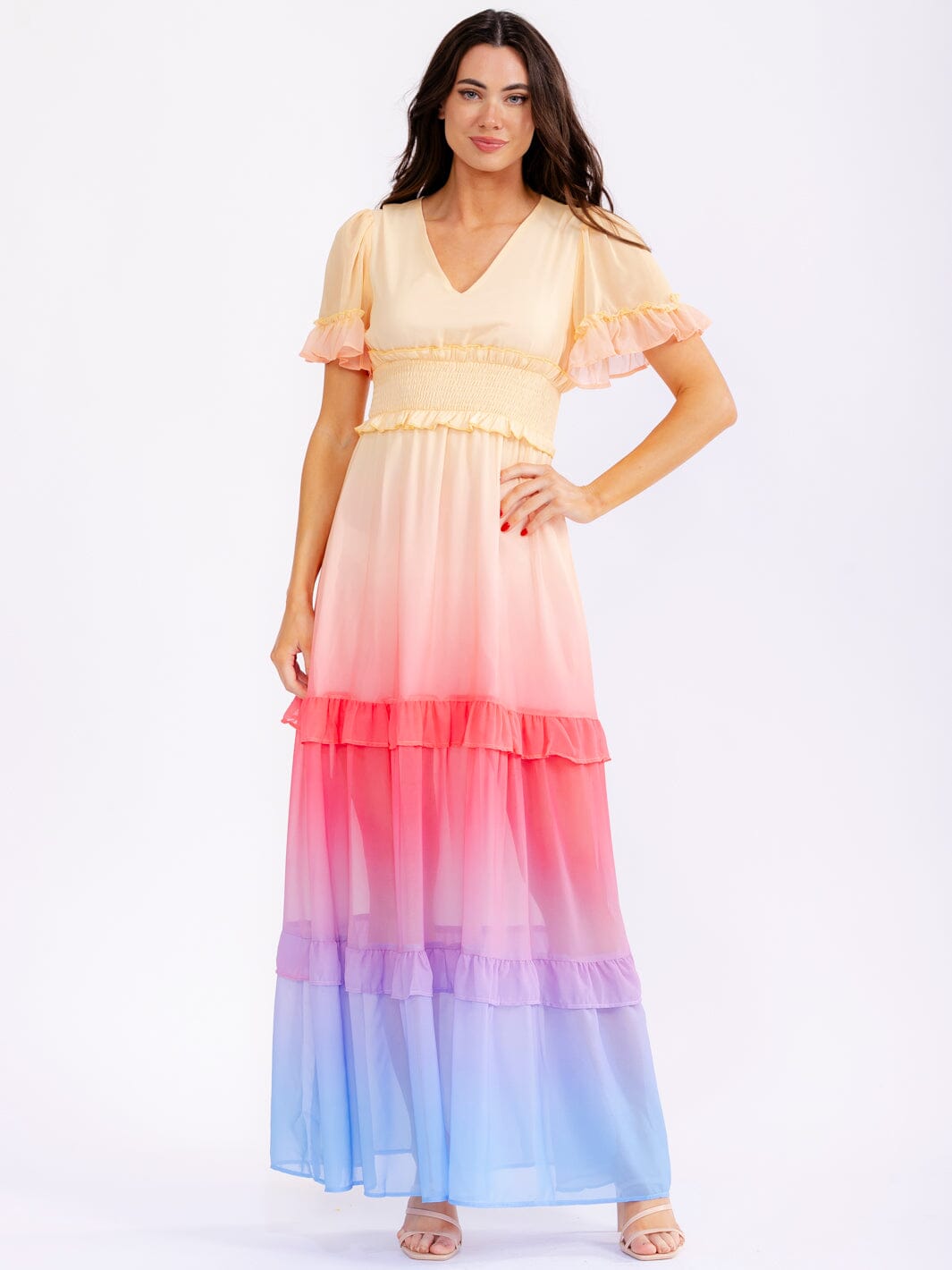 WOMEN'S SHORT SLEEVE V-NECK ELASTIC WAIST RUFFLE TIERED COLORBLOCK MAXI DRESS
