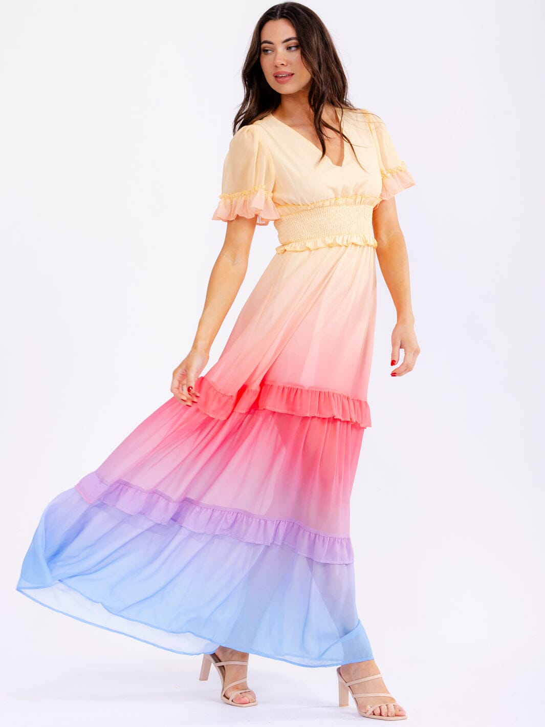 WOMEN'S SHORT SLEEVE V-NECK ELASTIC WAIST RUFFLE TIERED COLORBLOCK MAXI DRESS