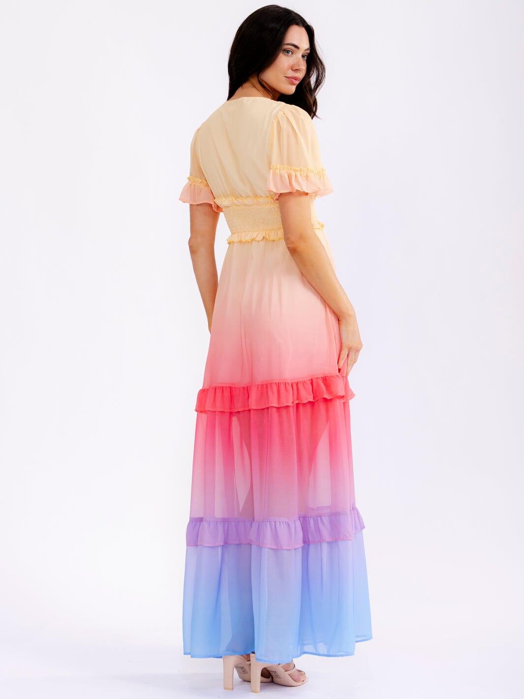 WOMEN'S SHORT SLEEVE V-NECK ELASTIC WAIST RUFFLE TIERED COLORBLOCK MAXI DRESS