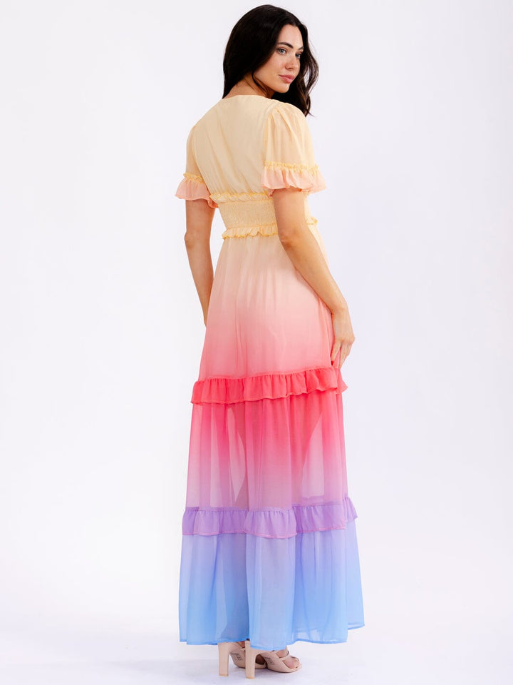 WOMEN'S SHORT SLEEVE V-NECK ELASTIC WAIST RUFFLE TIERED COLORBLOCK MAXI DRESS