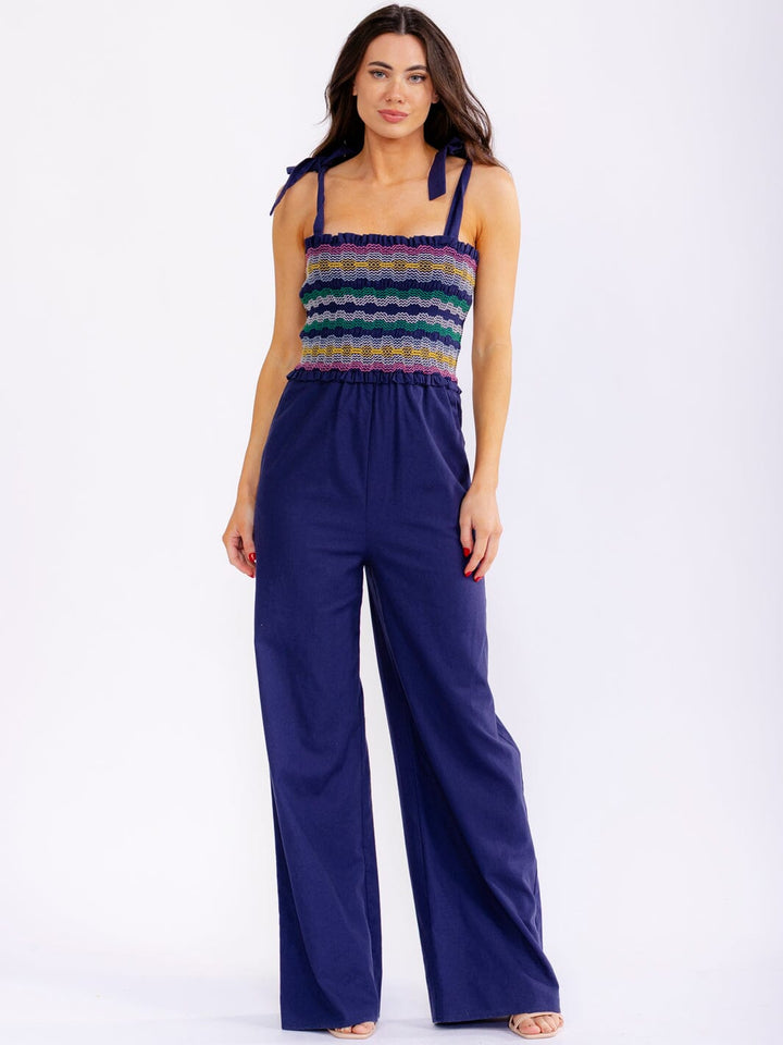 WOMEN'S SLEEVELESS SMOCK POCKETS SQUARE NECK WIDE LEG JUMPSUIT