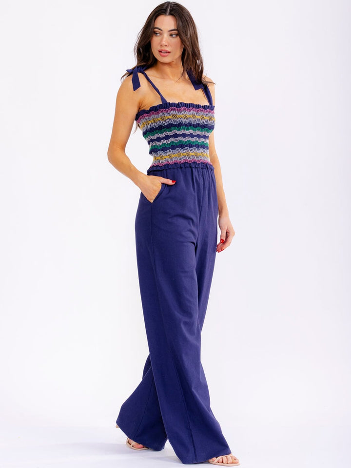 WOMEN'S SLEEVELESS SMOCK POCKETS SQUARE NECK WIDE LEG JUMPSUIT