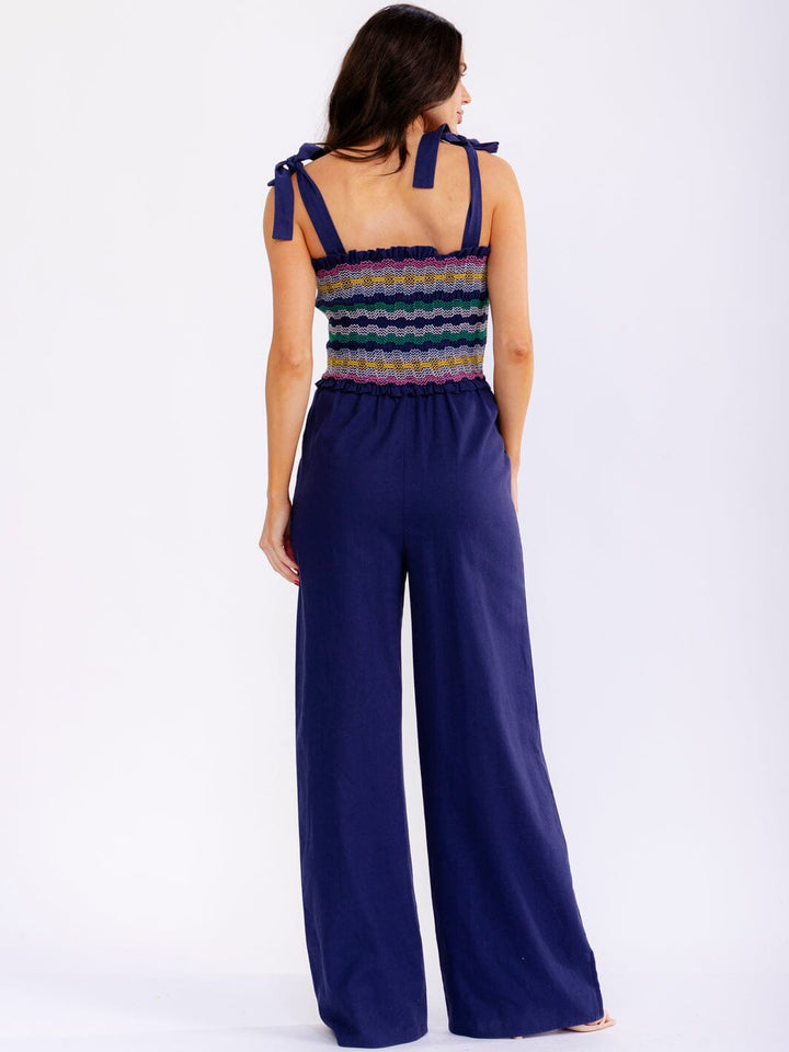 WOMEN'S SLEEVELESS SMOCK POCKETS SQUARE NECK WIDE LEG JUMPSUIT