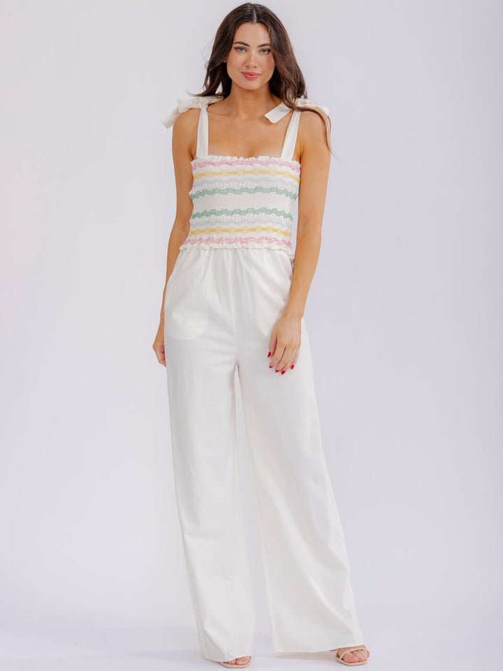 WOMEN'S SLEEVELESS SMOCK POCKETS SQUARE NECK WIDE LEG JUMPSUIT