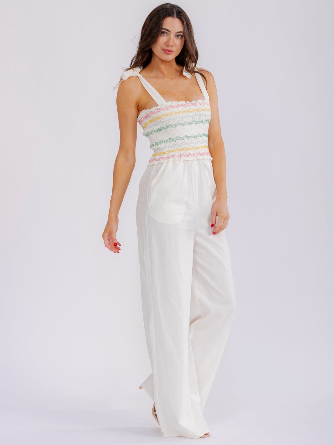WOMEN'S SLEEVELESS SMOCK POCKETS SQUARE NECK WIDE LEG JUMPSUIT