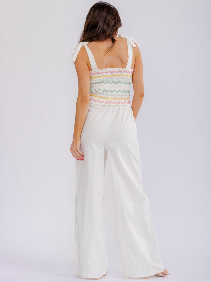 WOMEN'S SLEEVELESS SMOCK POCKETS SQUARE NECK WIDE LEG JUMPSUIT