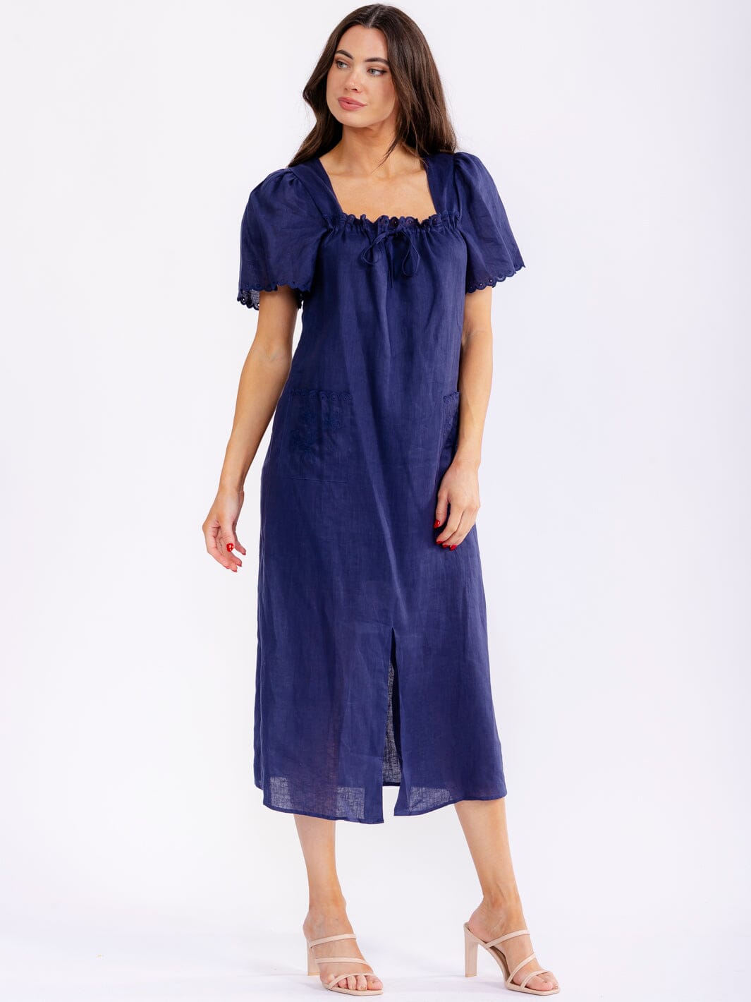 WOMEN'S SHORT SLEEVE SQUARE NECK POCKETS FLORAL EMBROIDERY LINEN MAXI DRESS