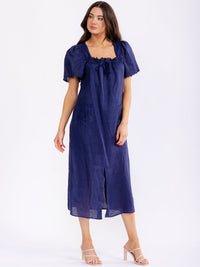 WOMEN'S SHORT SLEEVE SQUARE NECK POCKETS FLORAL EMBROIDERY LINEN MAXI DRESS