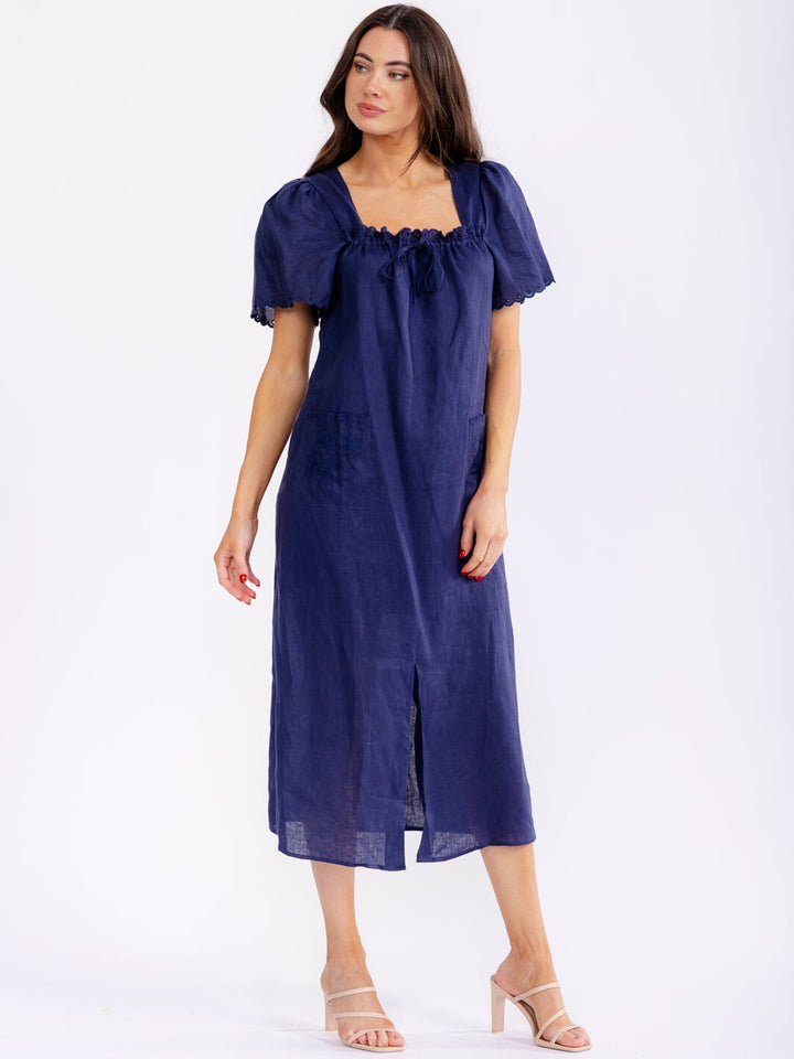 WOMEN'S SHORT SLEEVE SQUARE NECK POCKETS FLORAL EMBROIDERY LINEN MAXI DRESS