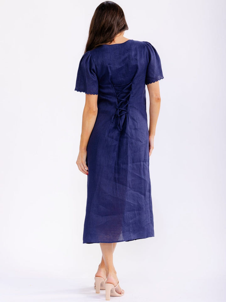 WOMEN'S SHORT SLEEVE SQUARE NECK POCKETS FLORAL EMBROIDERY LINEN MAXI DRESS