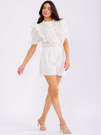 WOMEN'S SHORT PUFF SLEEVE BUTTON UP ELASTIC WAIST POCKETS RUFFLE LACE ROMPER