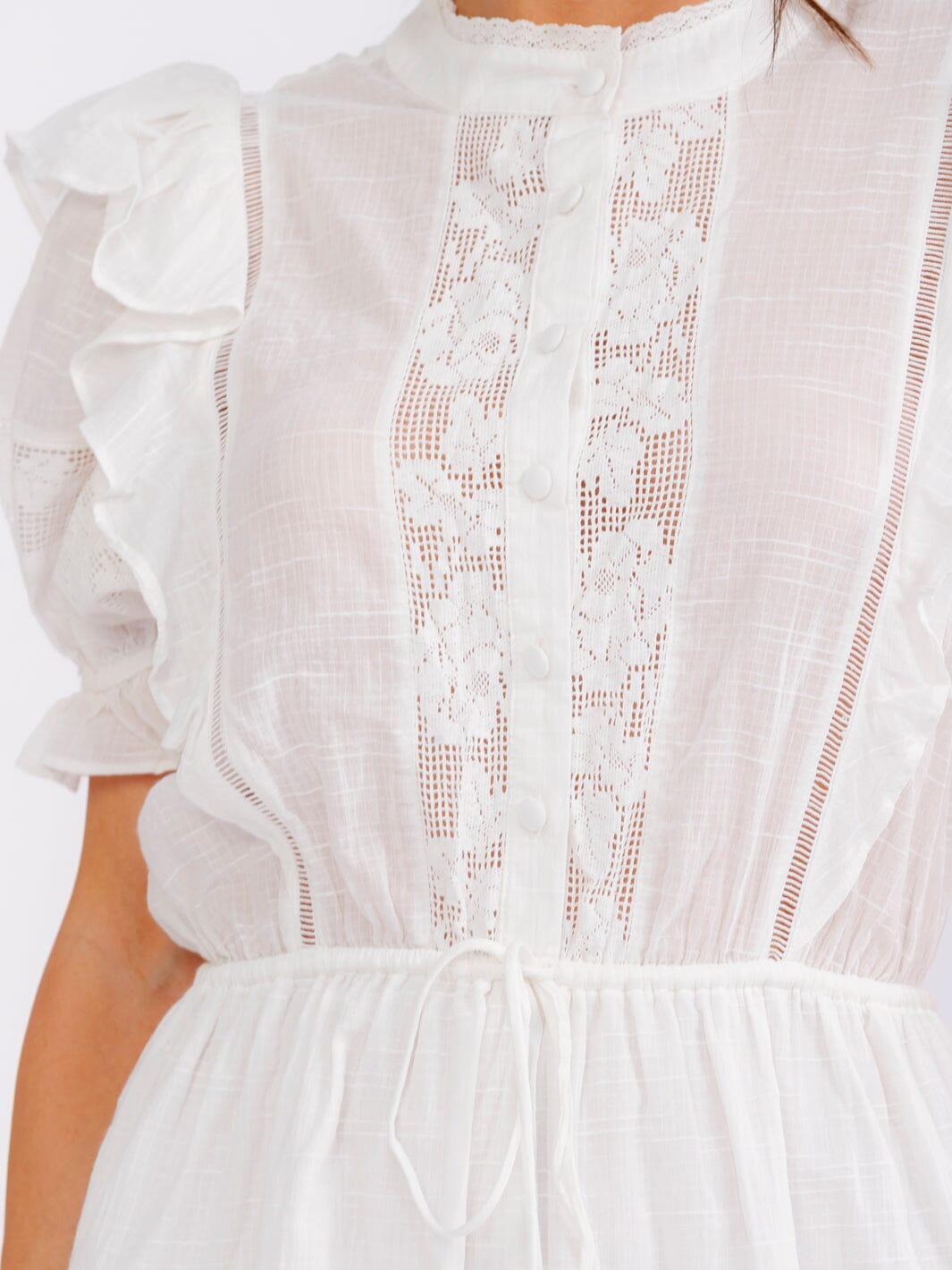 WOMEN'S SHORT PUFF SLEEVE BUTTON UP ELASTIC WAIST POCKETS RUFFLE LACE ROMPER