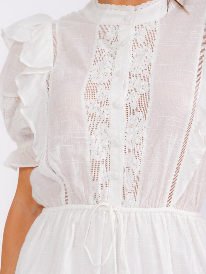 WOMEN'S SHORT PUFF SLEEVE BUTTON UP ELASTIC WAIST POCKETS RUFFLE LACE ROMPER